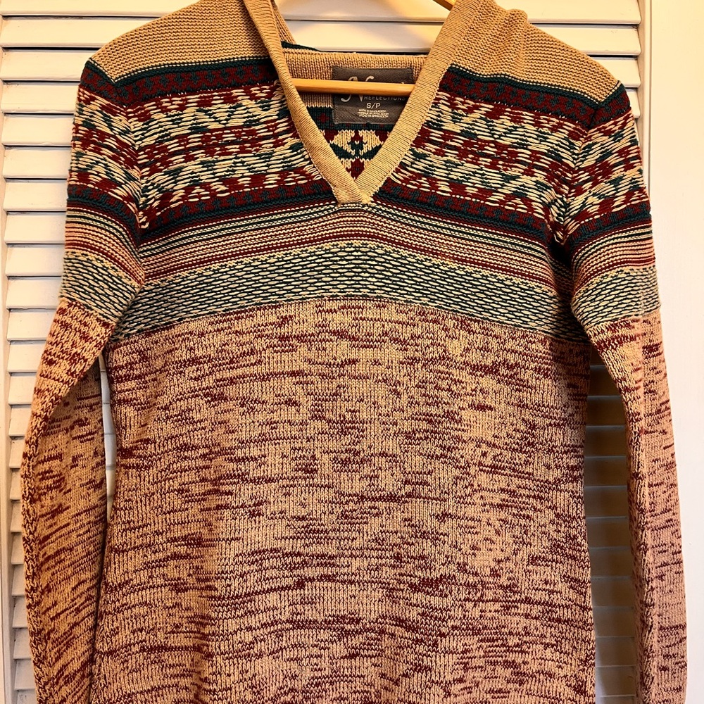 Natural Reflections hooded Knit Sweater in Tan, Teal & Burgundy, western vibe